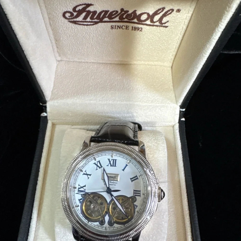 Ingersoll Silver Watch with White Dial and Black Leather Strap - Picture 1 of 2